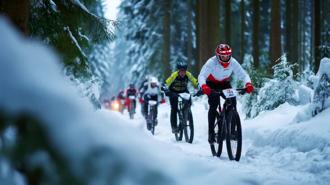 Thrilling Winter Mountain Biking Adventure in a Snowy Forest: Cyclists Navigating Challenging Terrain Amidst Tall Trees and a Beautiful Winter Wonderland Setting