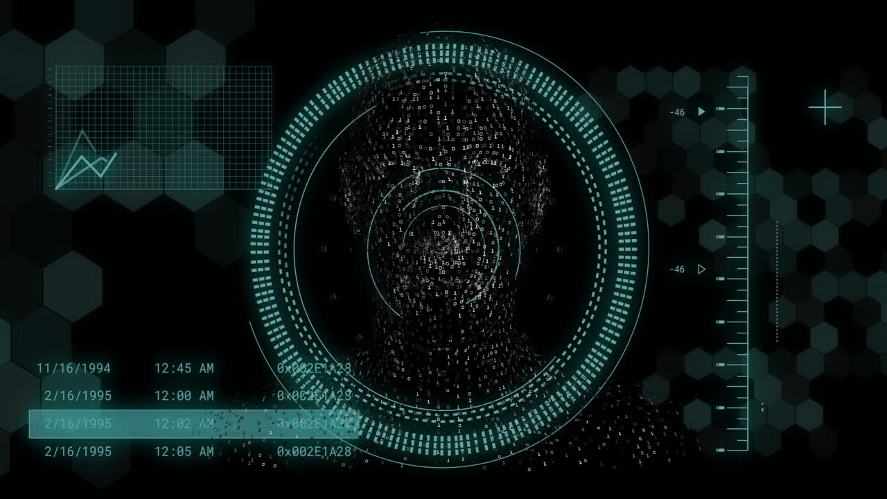 Processing futuristic data with circular and hexagonal elements on digital interface