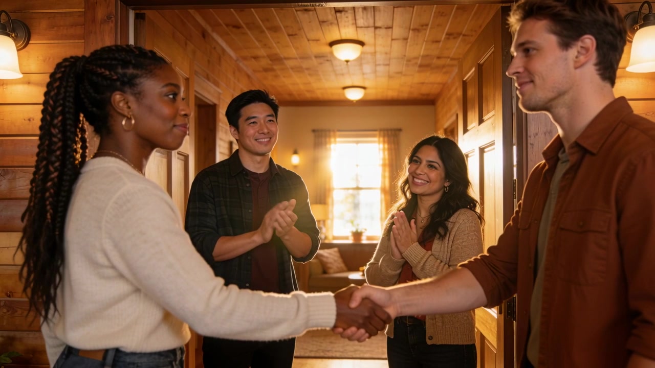 Extending hand, woman in cream sweater greeting man in brown shirt in wood entry, hosts clapping