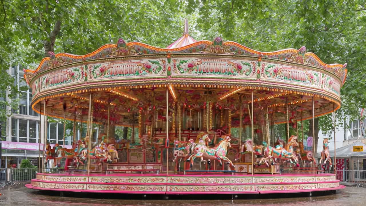 A Vibrant Carousel Surrounded by Lush Greenery Featuring Colorful Horses and Charming Decor Illuminated by Twinkling Lights