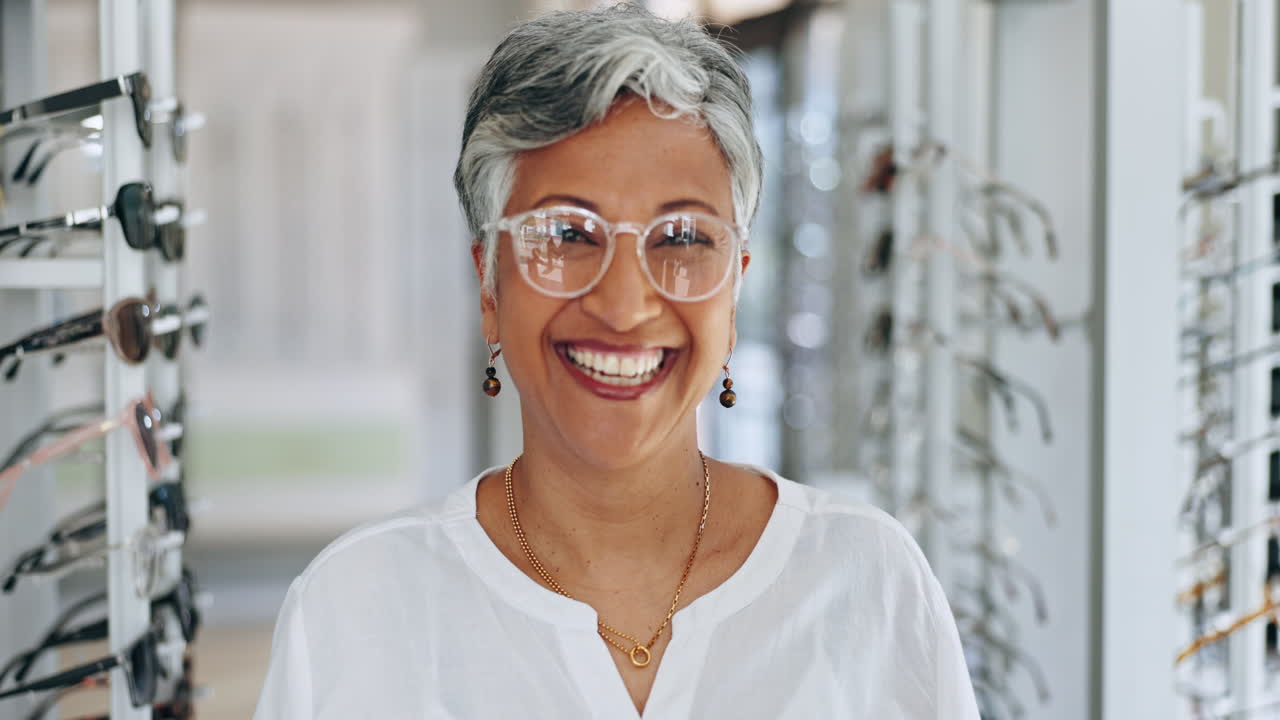 bril, klant winkelen en senior vrouw gezicht