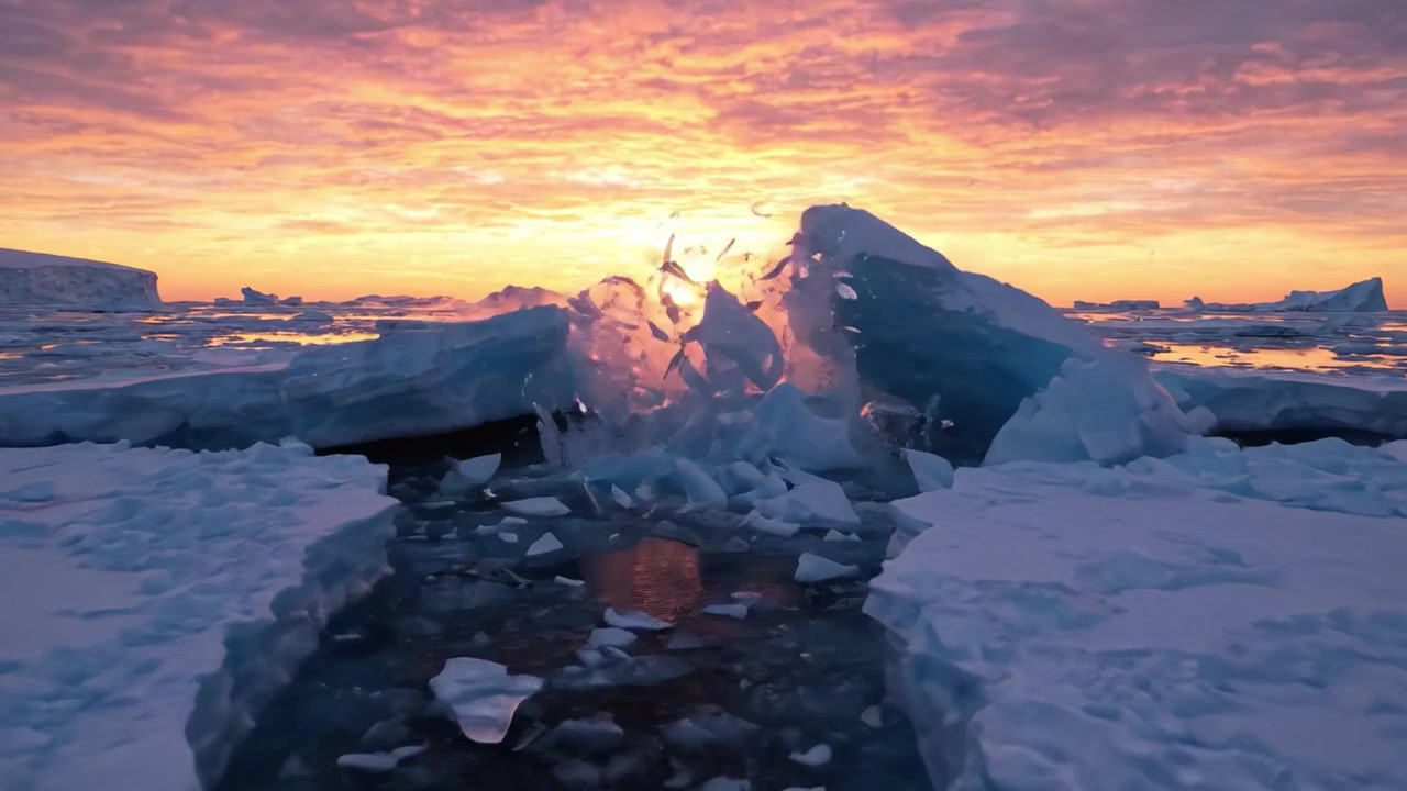 Een prachtige zonsondergang boven ijs en water: betoverende kleuren vullen de lucht en reflecteren op het bevroren landschap in een majestueus wintertafereel.