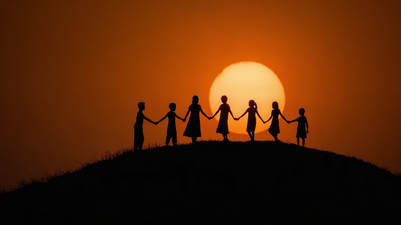 A Heartwarming Silhouette of Children Holding Hands Against a Glowing Sunset, Symbolizing Unity, Friendship, and Joy in a Natural Setting