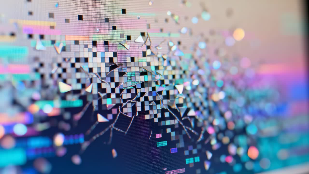 Evolving checkerboard grid shedding shards on monitor as frames progress revealing pastel bokeh