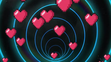 animation of heart icons and shapes over black background