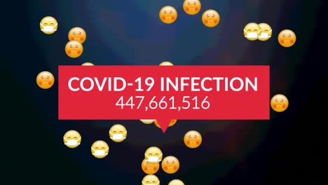Animation-of-covid-19-data-processing-over-multiple-sick-emojis-with-face-masks-moving-on-blue