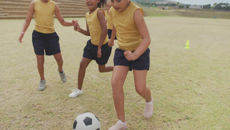 video of happy diverse girls playing soccer in front of school