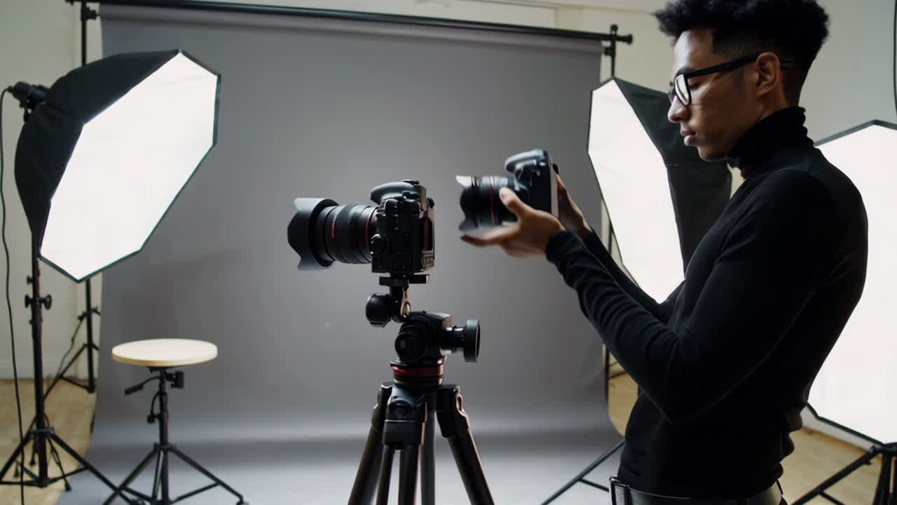 Photographer Adjusting Camera in Studio