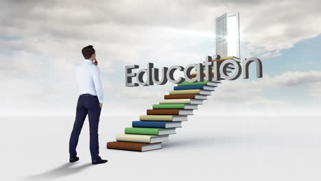 businessman looking at a word on a stair made of books