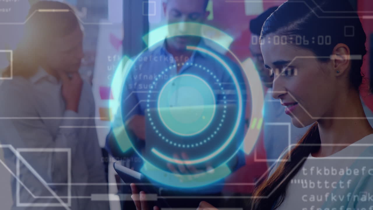 Using digital tablet, diverse professionals analyzing futuristic data in office