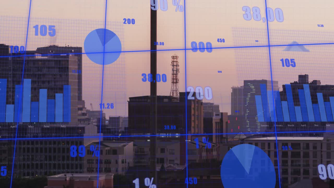 animación del procesamiento de datos estadísticos a través de la red de cuadrícula frente a una vista aérea del paisaje urbano