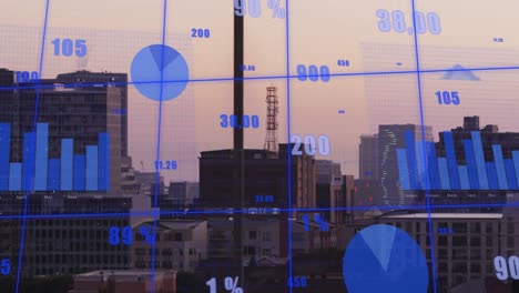 animation of statistical data processing over grid network against aerial view of cityscape