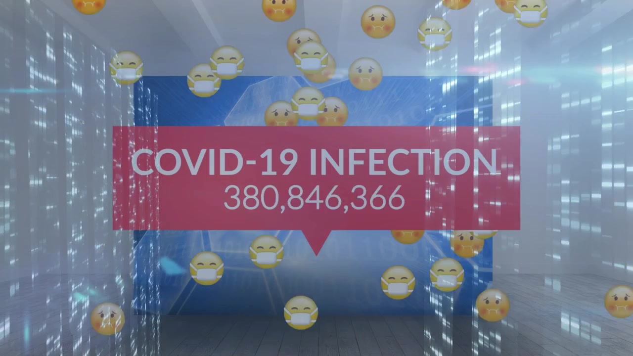 デジタル空間で、マスクを着用した絵文字の上にCOVID-19の感染者数と数字のアニメーションが表示されている