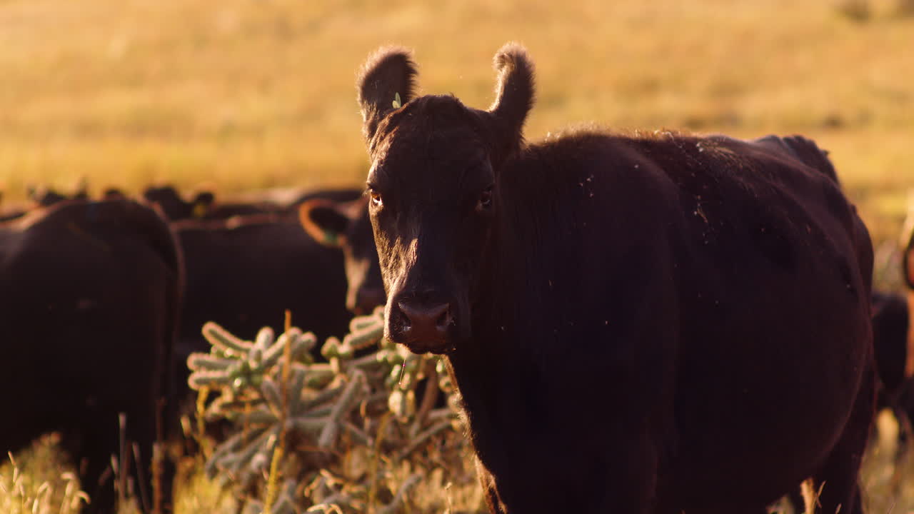 Maestosa mucca nera in una valle dorata e scintillante