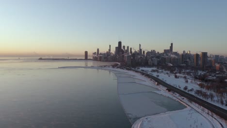 Aerial-footage-of-Frozen-Lake-Michigan-during-2019-Polar-Vortex,-Chicago,-Illinois