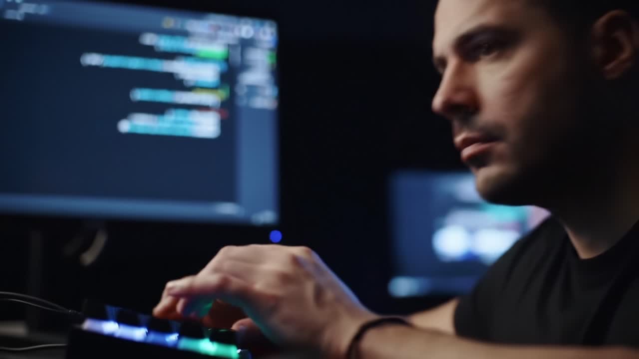Focused Programmer Engaged in Coding and Software Development, Typing Commands while Analyzing Code on Screen in Dark Environment with High-Tech Equipment