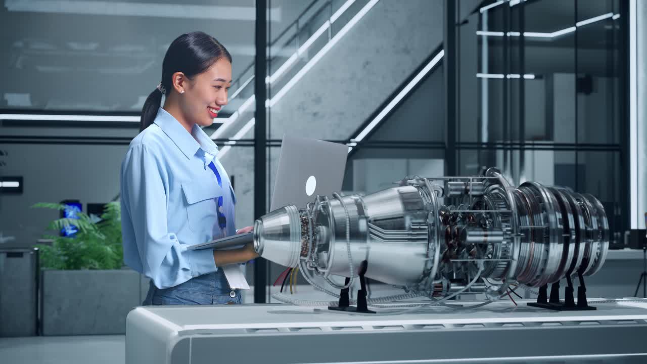 현대 사무실 에서 제트 엔진 프로토타입 을 검사 하는 엔지니어