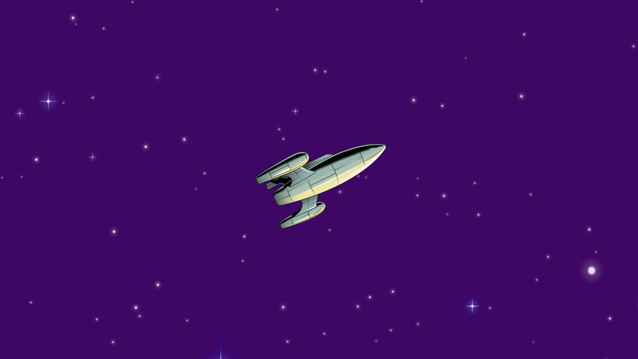 анимация вселенной с космическим кораблем и звездами на фиолетовом небе