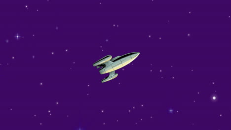 animación del universo con nave espacial y estrellas en el cielo púrpura