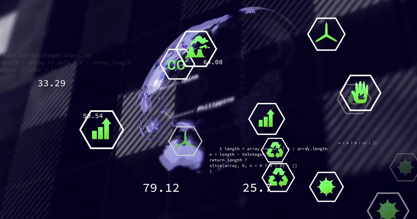 Triggered by snippet sliding, green hex icons drifting while globe rotating visualizing metrics