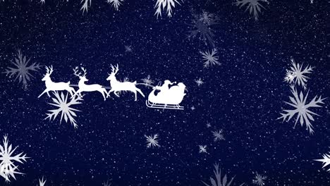 Animation-of-santa-claus-in-sleigh-with-santa-claus-in-sleigh-with-reindeers-over-snow-falling-on-re