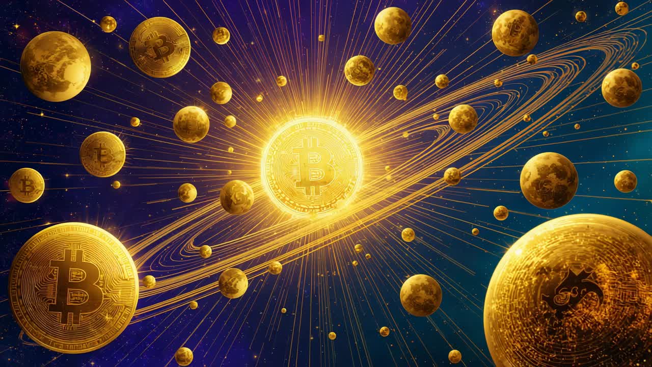 Brightening central Bitcoin coin causing orbiting gold coins and rings in deep blue starfield
