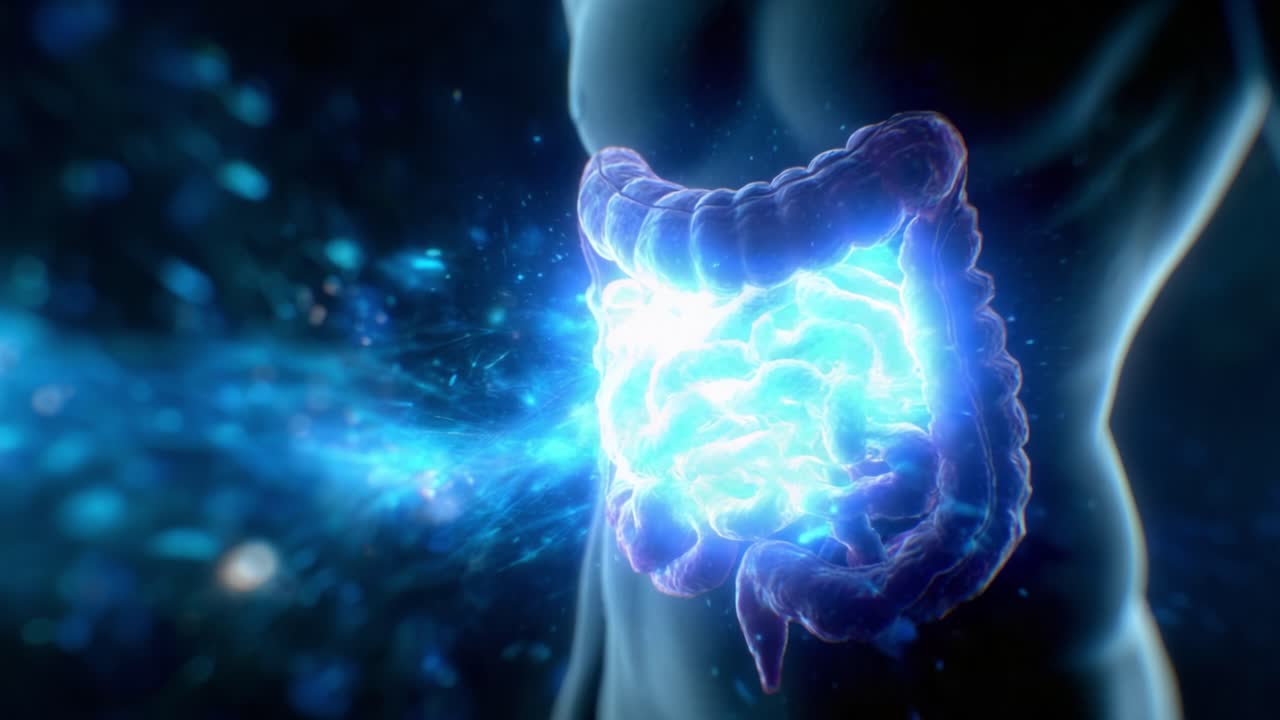 Una Straordinaria Visualizzazione del Sistema Digestivo Umano: Una Rappresentazione Artistica degli Intestini e del Microbioma Intestinale con Elementi Cosmici