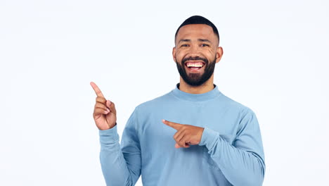 face, man and pointing to advertising space