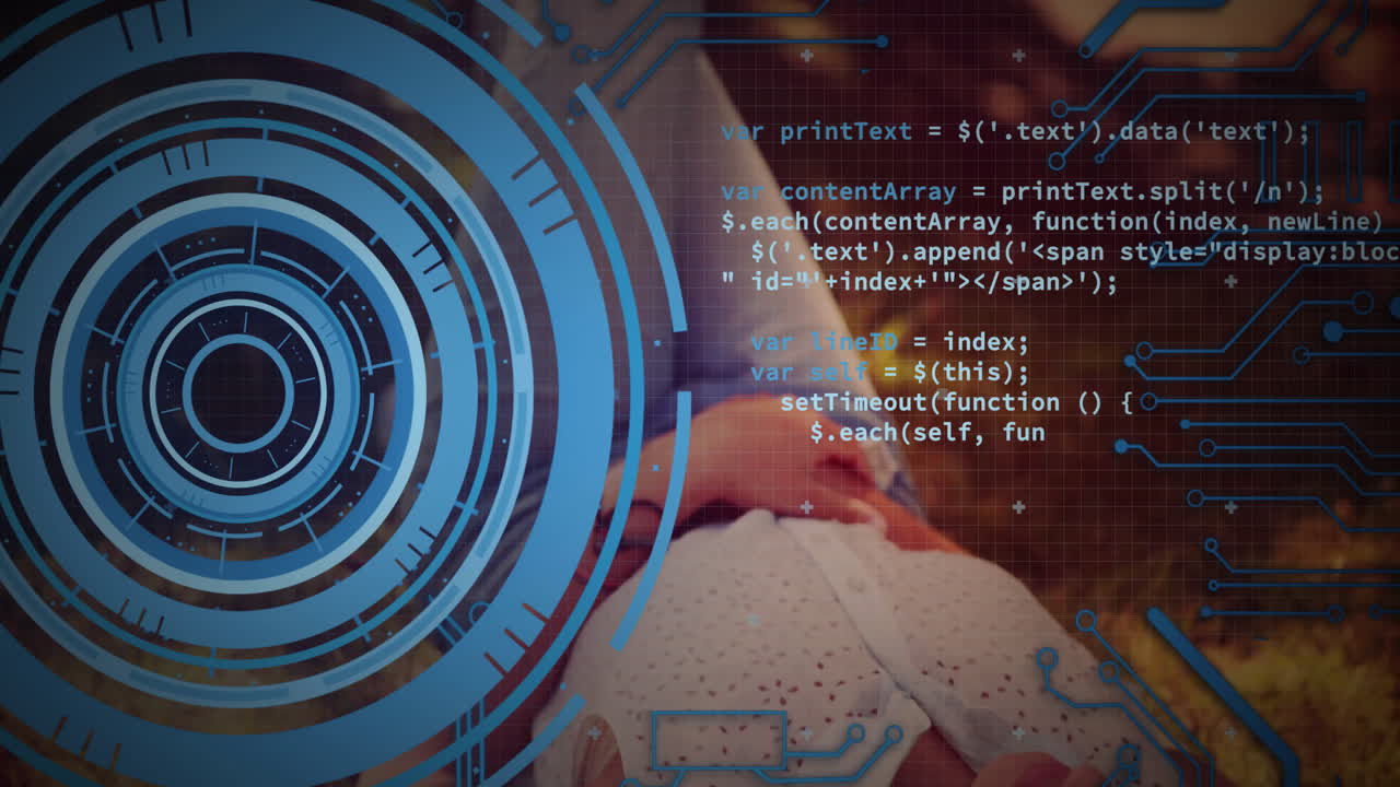 animación de escaneo de alcance y procesamiento de datos sobre mujer caucásica acostada en el parque