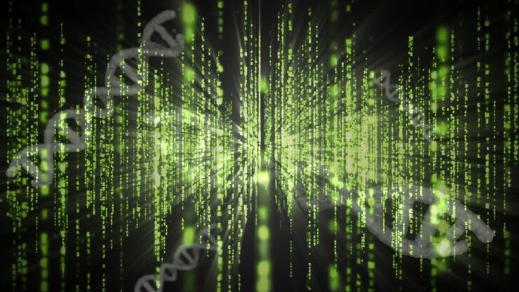 Opening code streams converging glowing core while drifting DNA helices rotating showing data flow