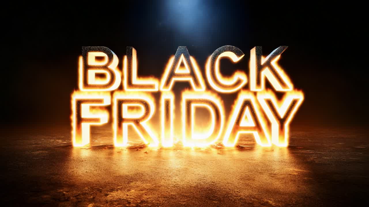 A stunning visual representation of the intense excitement and urgency of major shopping events, showcasing the fiery transformation of the bold 'BLACK FRIDAY' text in a dramatic setting