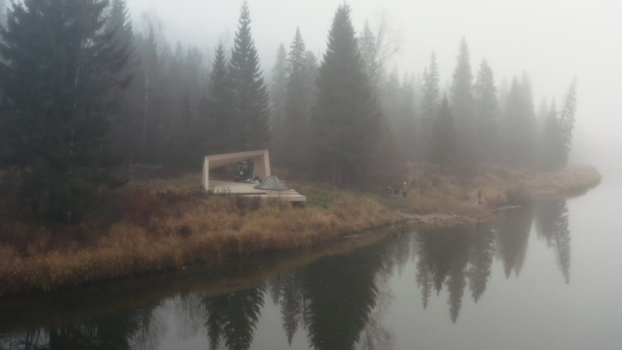 Misty Forest River Landscape with Shelter