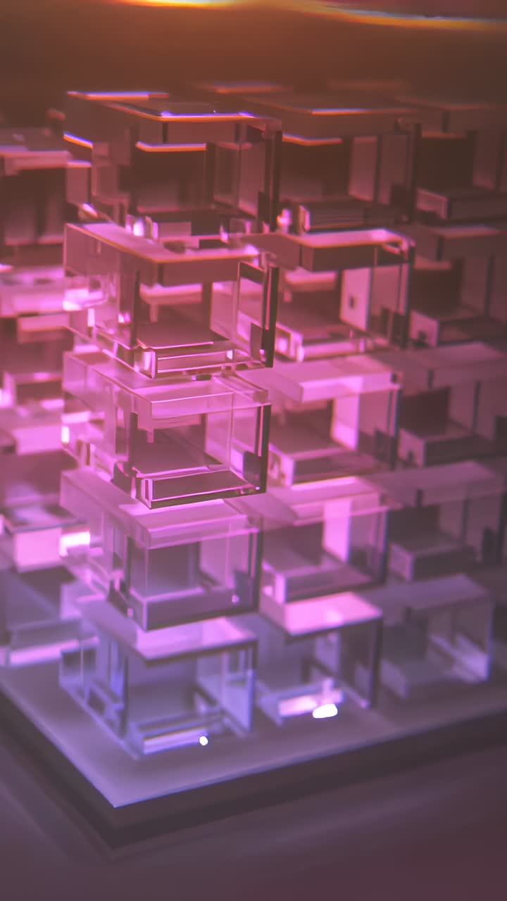 Vertical video: At start rotating camera showing cube sculpture under purple LED glow in gallery