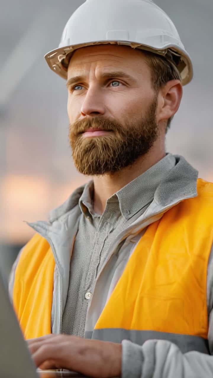 A Focused Construction Worker with a Hard Hat and Reflective Vest Shows His Commitment to Safety and Precision While Engaged in Project Planning and Management