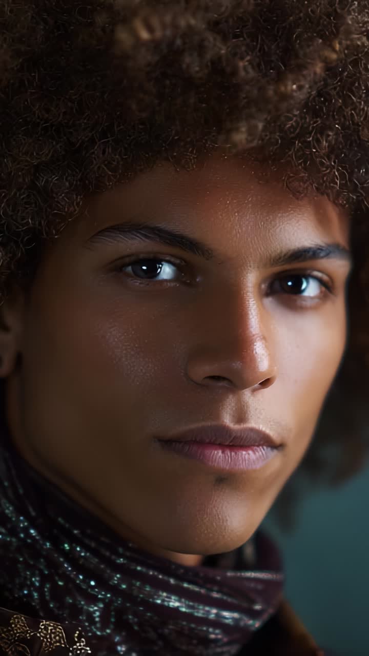 Close-up Portrait of a Young Male Model with Curly Hair and Intense Gaze Captured in Vibrant, Detailed Lighting, Highlighting Facial Features and Expression