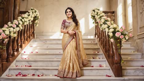 elegant woman wearing a beautiful golden saree stands on a white marble staircase decorated with pink and white roses and scattered petals, creating a luxurious and festive atmosphere