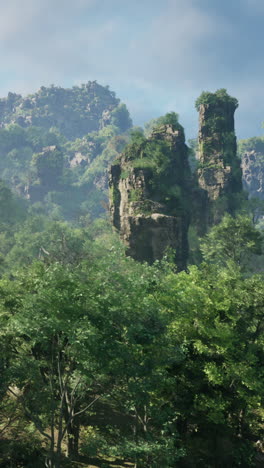 tall rock formations in a lush forest