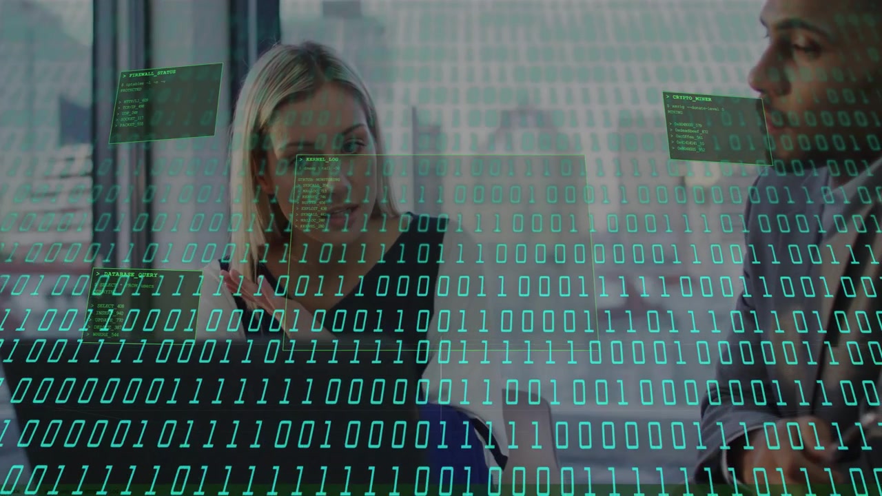 Woman discussing IT data after turquoise 01 stream appearing, man replying as HUD showing data
