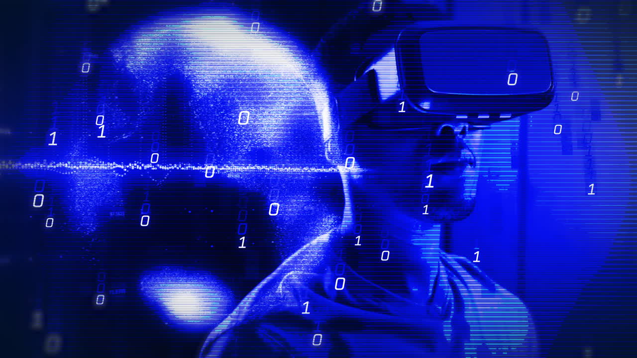 animación de codificación binaria y globo sobre trabajador masculino afroamericano usando auriculares vr