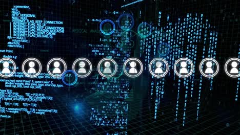animación de iconos de usuario sobre el procesamiento de datos en fondo negro