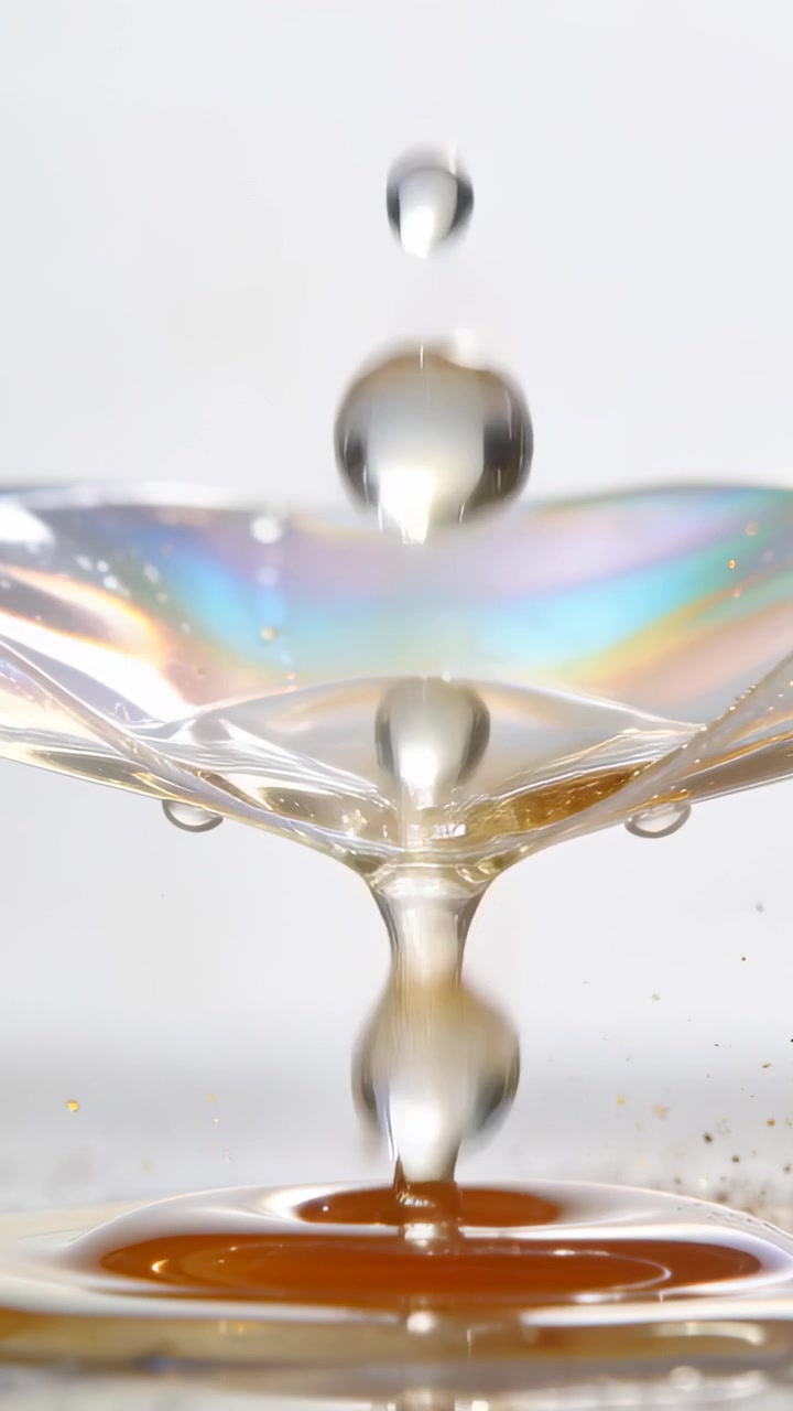 Vidéo verticale: Gouttelette transparente se détachant et frappant un film de savon au-dessus d'une piscine ambrée, créant des ondulations en forme de couronne