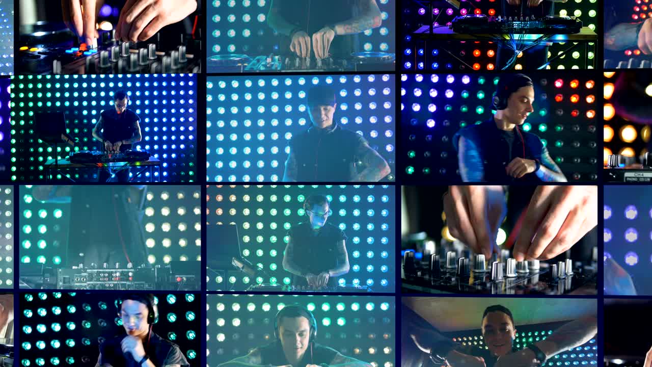 야간 클럽에서 dj가 턴테이블을 사용하여 음악을 연주합니다. 몬태지, 멀티 스크린 배경.