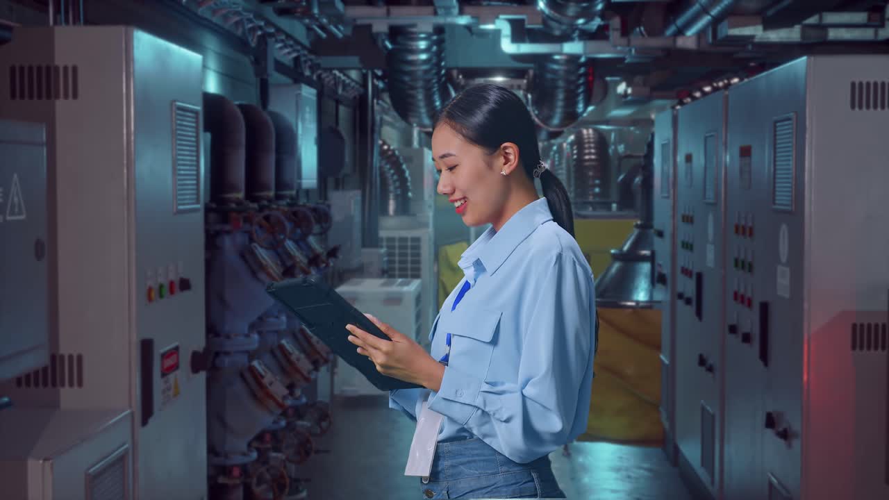 Side View Of An Asian Female Professional Worker Standing With Her Tablet In Engine Control Room, Checking On Her Tablet With Meditation