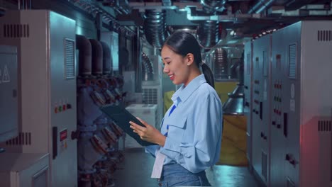 Side View Of An Asian Female Professional Worker Standing With Her Tablet In Engine Control Room, Checking On Her Tablet With Meditation