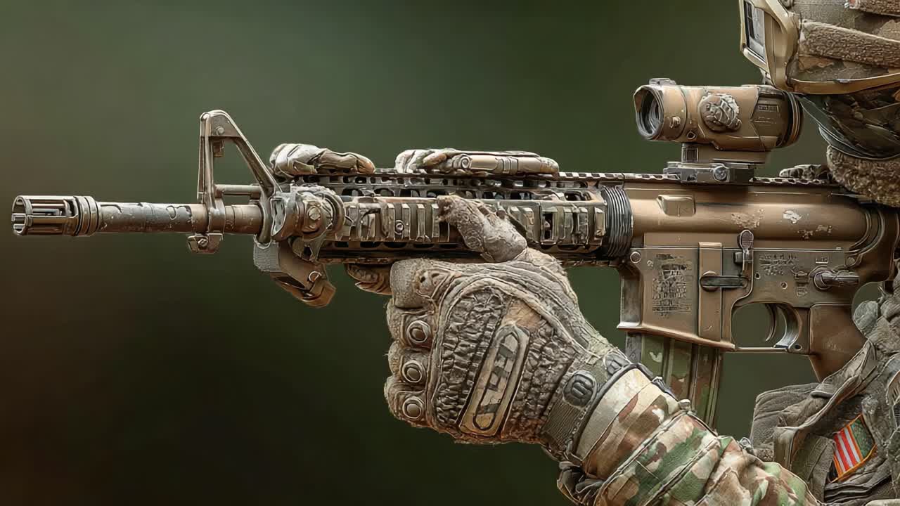 Precision and Readiness: A Close-Up View of a Soldier's Hand Gripping a Modern Assault Rifle with Tactical Accessories in a Natural, Blurred Background