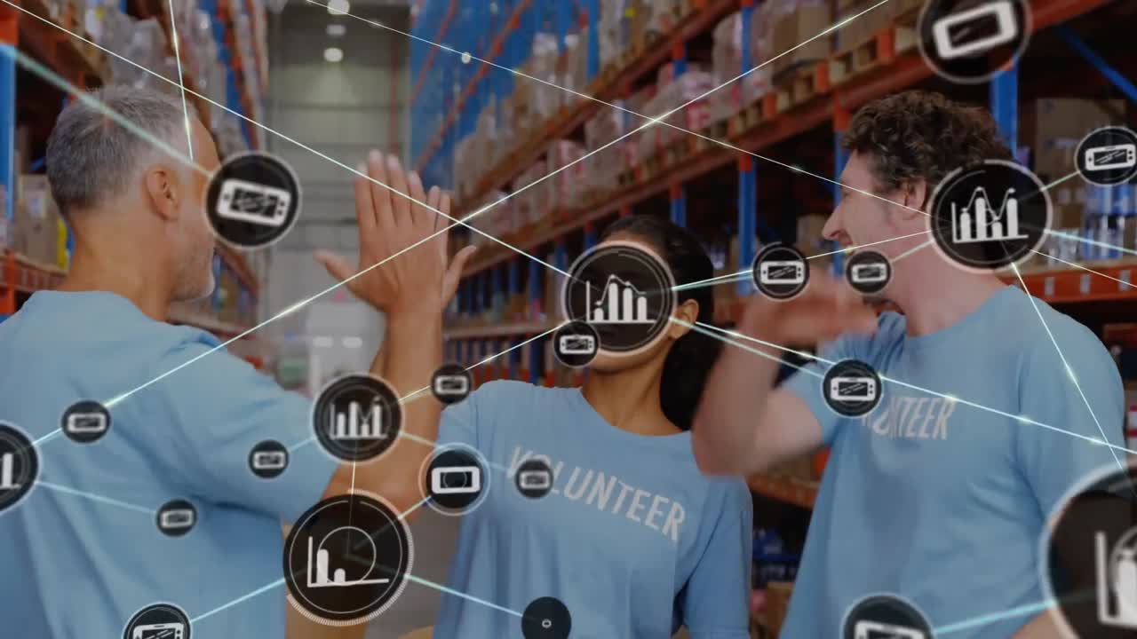 Animation of network of connections with icons over volunteers high fiving in warehouse