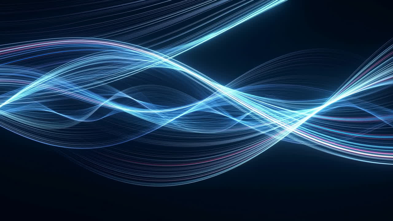 Linee ondulate astratte luminose blu e rosa che scorrono su sfondo scuro
