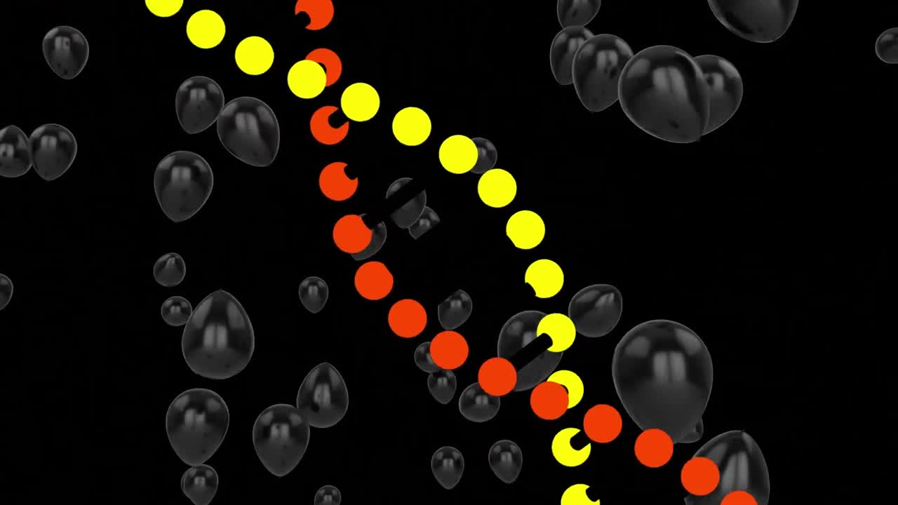 animación de globos negros volando y cadena de adn girando sobre un fondo negro