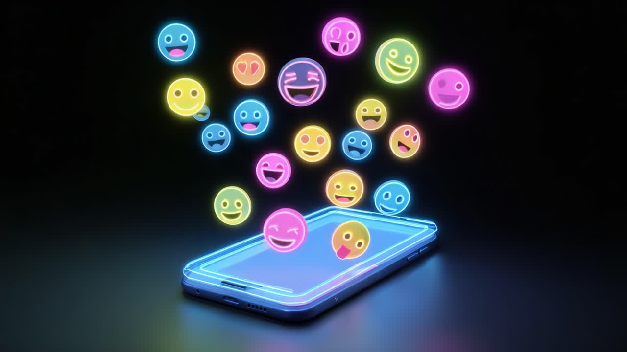 A Vibrant Display of Emoticons Emanating from a Smartphone Screen, Capturing the Essence of Digital Communication and Emotional Expression in a Colorful Neon Aesthetic