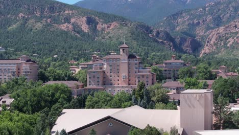 aerial opening of five star hotel building, sunny day at colorado springs, united states